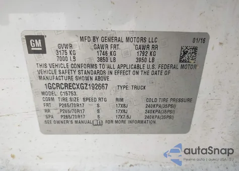 2016 Chevrolet Silverado 1500 1Lt из США, поврежденный, VIN 1GCRCRECXGZ192667